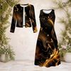 Damen Plus Size Rundhals Langarm Cardigan mit Galaxie-Print und Kleid Zweiteiliges Set