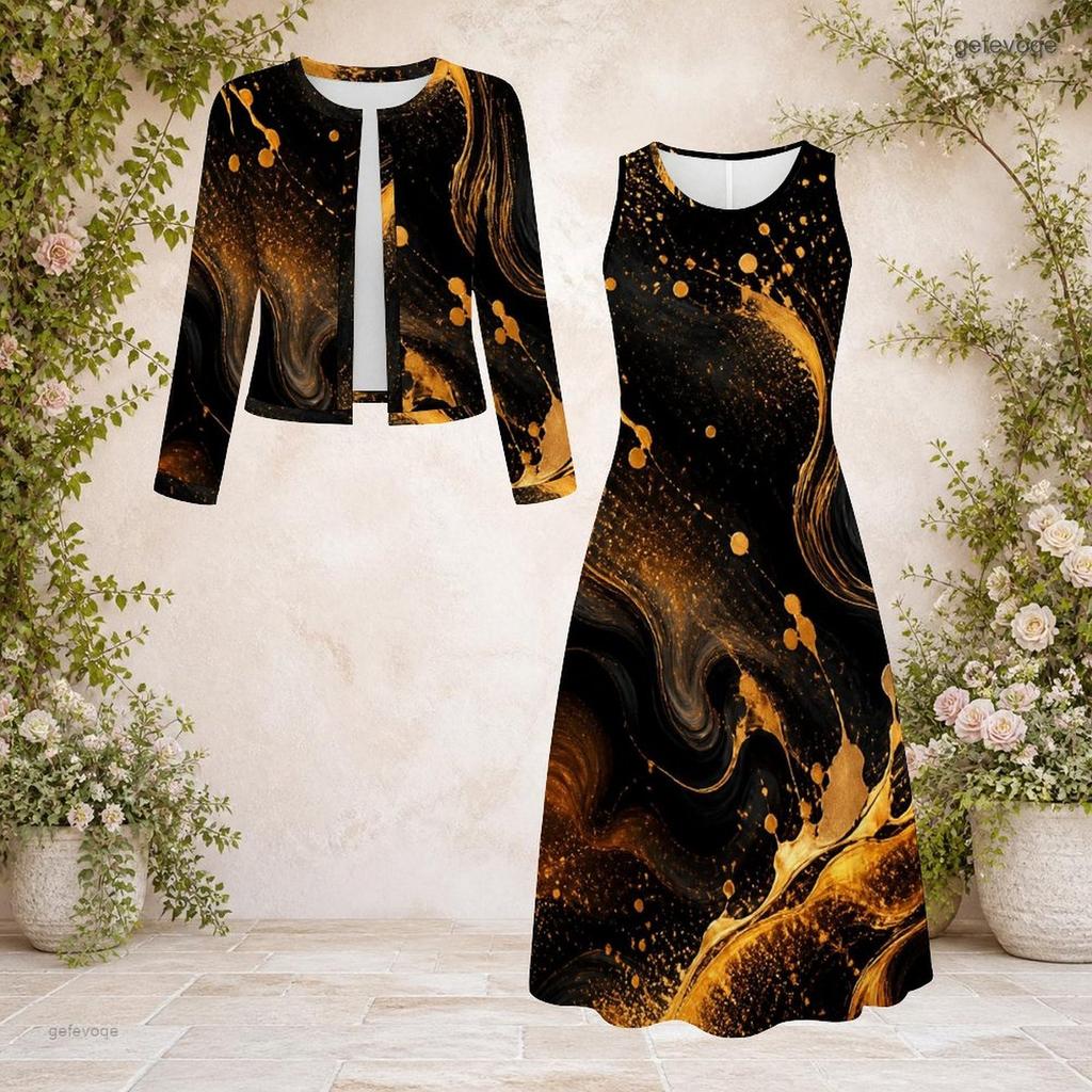 Damen Plus Size Rundhals Langarm Cardigan mit Galaxie-Print und Kleid Zweiteiliges Set
