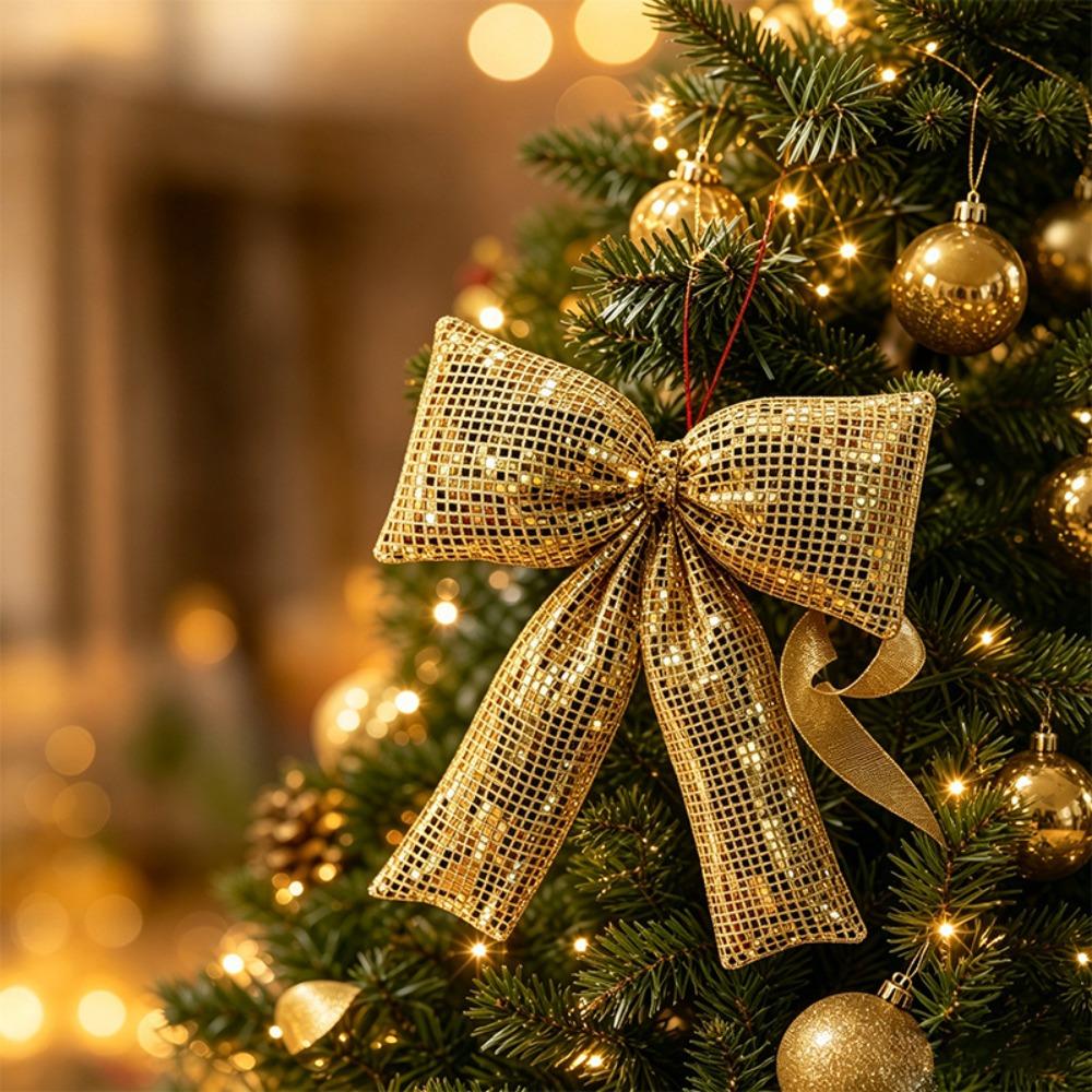 Sequin Decor Christmas Bow Shiny Surface Bow Pendant Tree Hanging Bow Christmas Scene