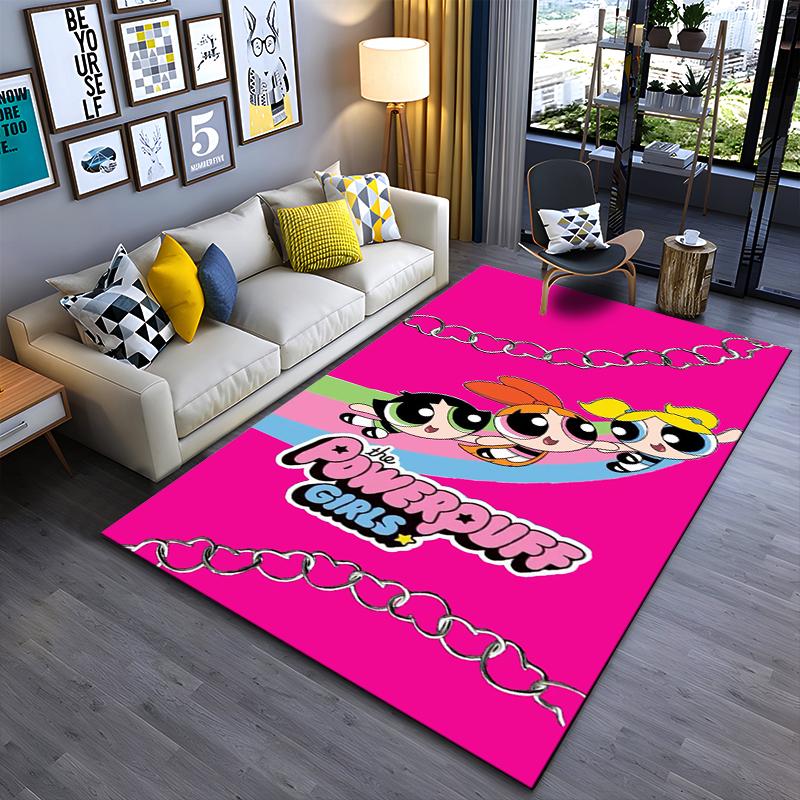 "Powerpuff Girls Cartoon Print Carpet - Pink Kids Room Decor Rug" Suitable for use as an anti-slip for living room bedroom sofas