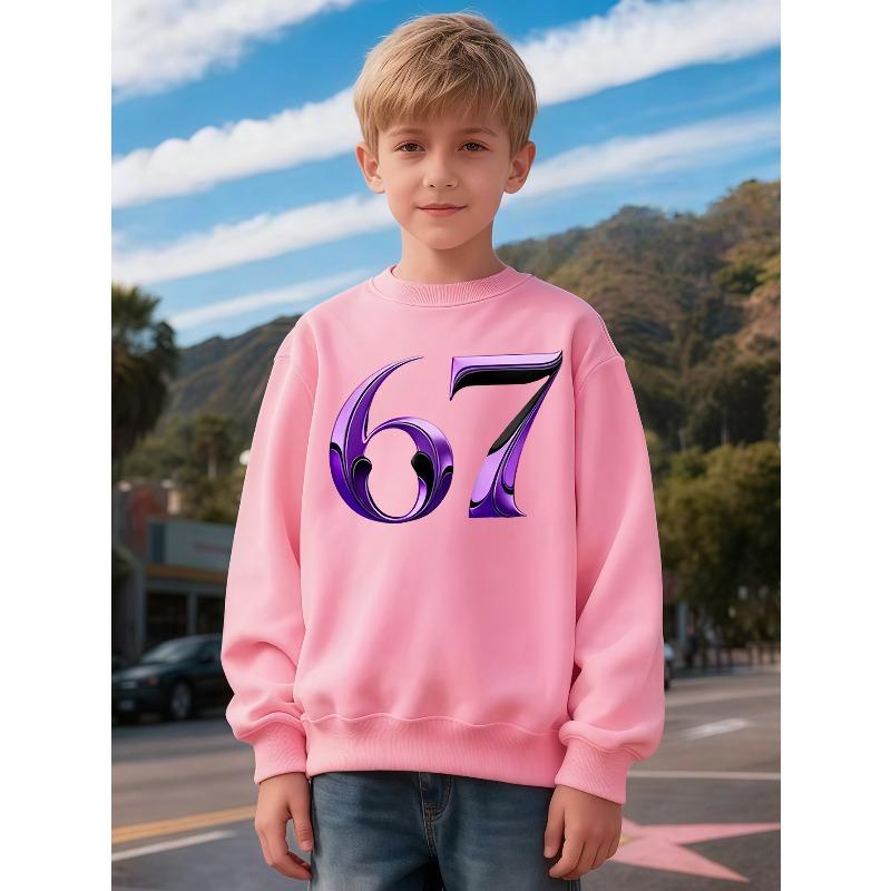 Unisex Kids Crewneck Sweatshirt, 3D Metallic Purple Number 67 Print Long Sleeve Pullover, Boys Girls Birthday Sweatshirt For Kids Over 4 Years Old