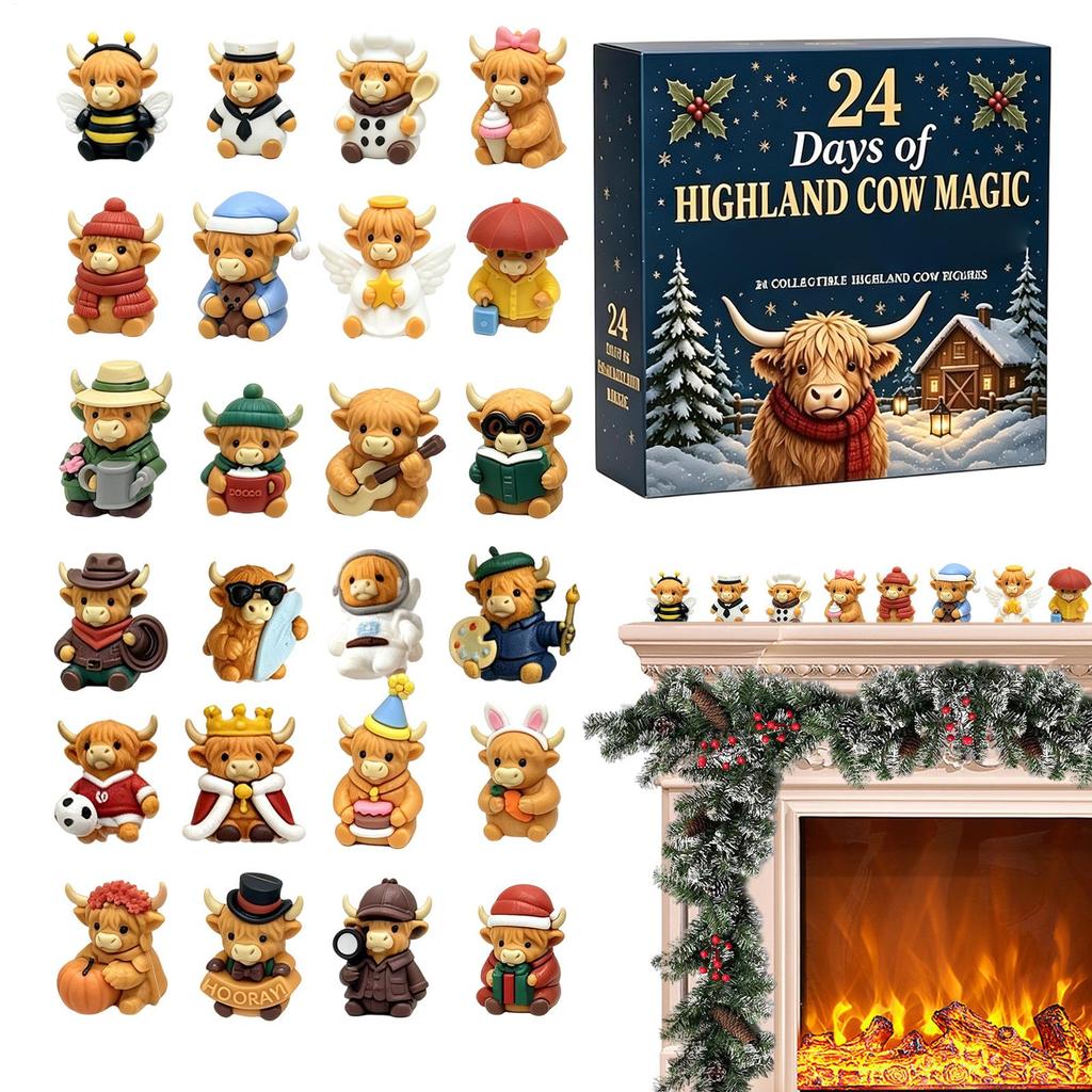 24-Day Highland Cow Christmas Countdown Calendar Mini 3D Highland Cow Figurine Christmas Gift Christmas Tree Cow Pendant