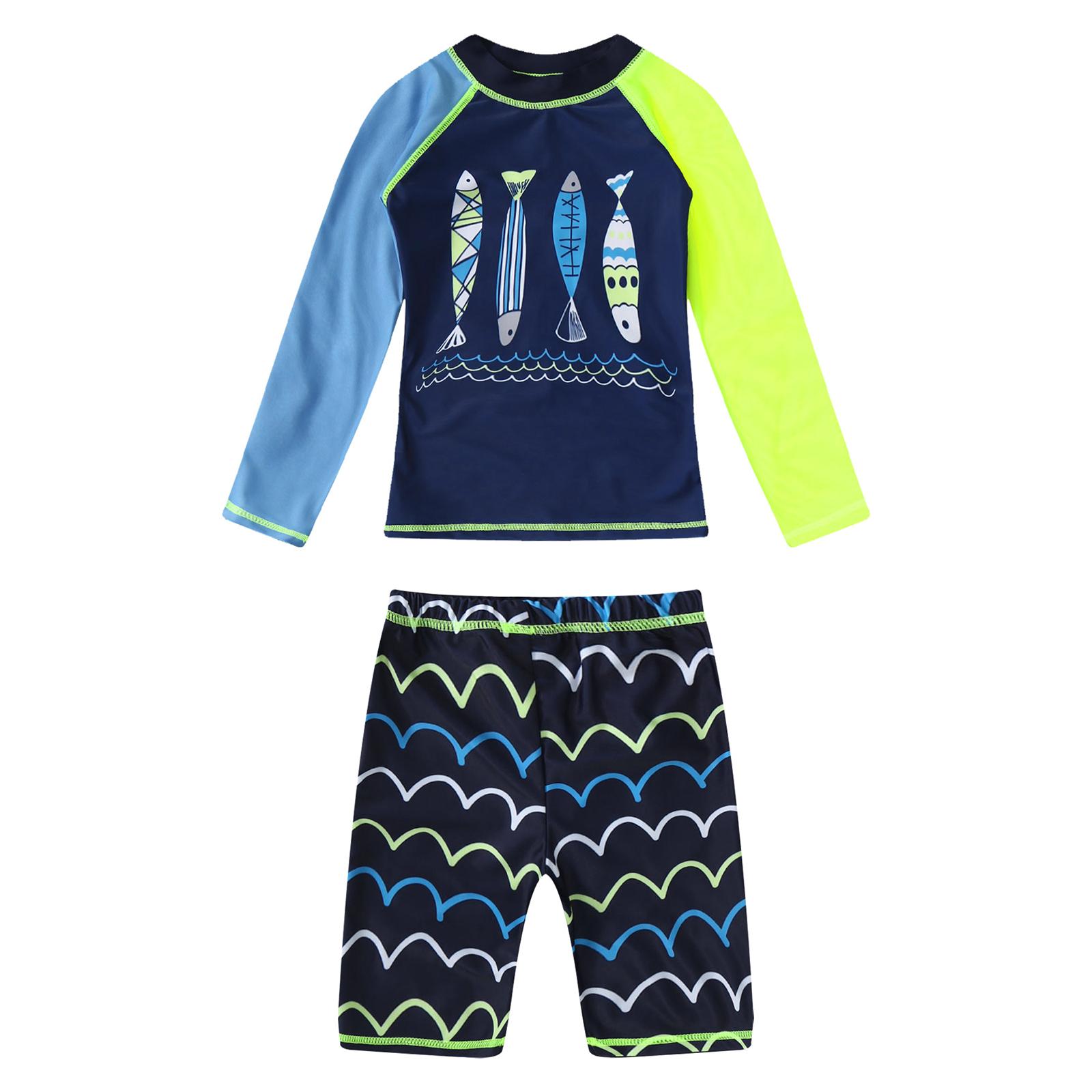 

Boys Two Piece Swim Set Long Sleeve Cartoon Shark Print Top Swim Shorts Waves Design Beach Bathing Suit