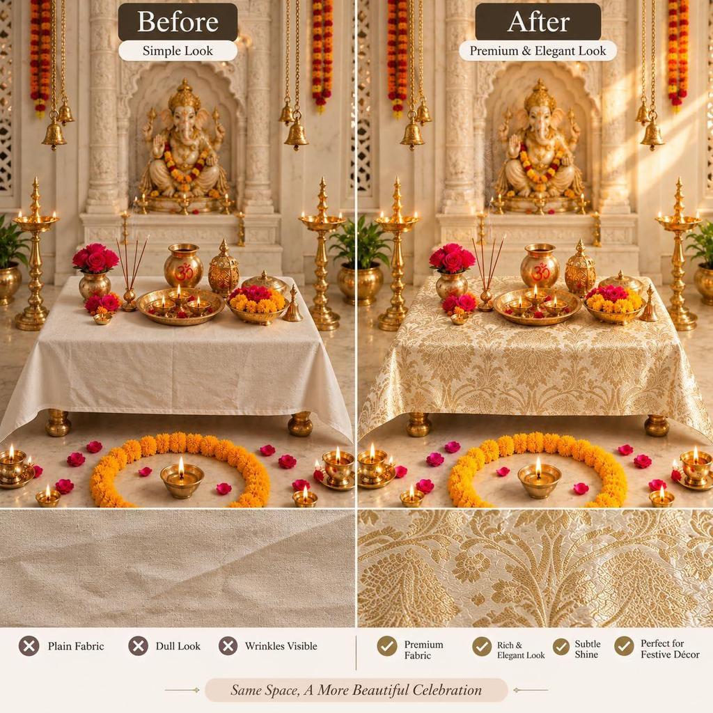 Ivory Brocade Silk Luxurious Rectangular Chowki Cover 18x24 Inches | Puja Chowki, Bajot, Patiya, Peedha,Ganpati Chowki, Puja Platform, Puja Table