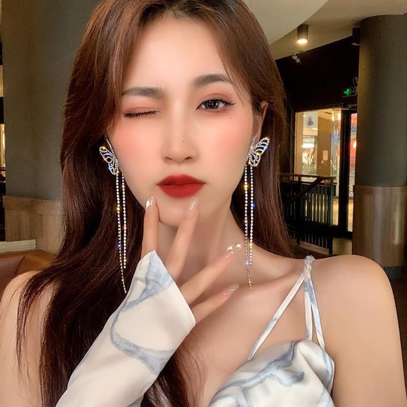 Tassel Butterfly Earrings For Women Shiny Rhinestone Big Bowknot Creative Jewelry Temperament Party Girl Accessories Gifts