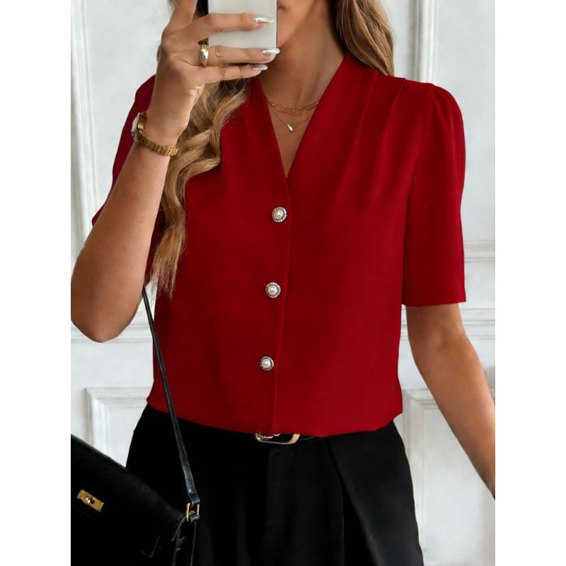 Women's New Summer V-neck Fashion Button Casual Business Short-sleeved Shirt