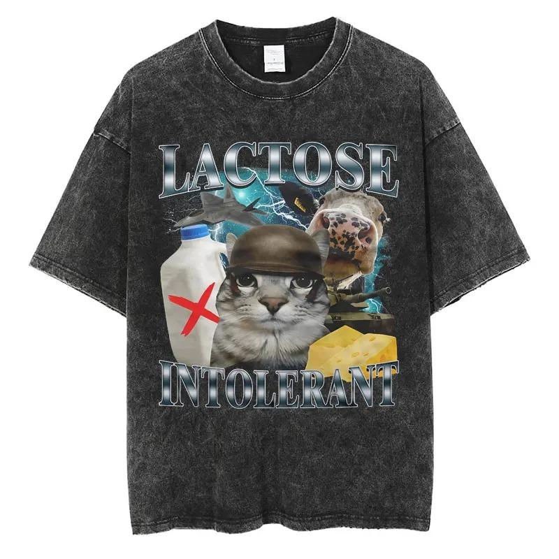 

Fun Cat Luxury Tshirt for Men Washed Cotton Retro Emoji Pattern Shirtstyle Summer Top Streetwear HarleyKuku Style L