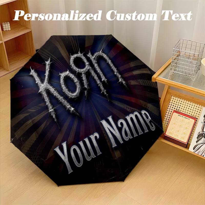 Korn Automatic 8‑ribs Umbrella, Custom Name Text Personalized Folding Umbrella Rain Sun Gift
