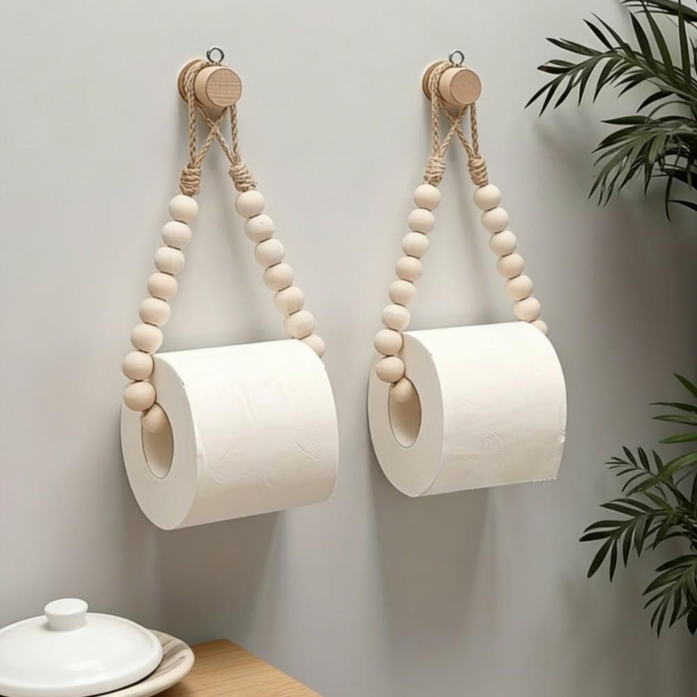 Farmhouse Decor Wooden Toilet Paper Holder Boho Rustic Tissue Rack Easy Instal Punch-Free Roll Paper Dispenser Bathroom