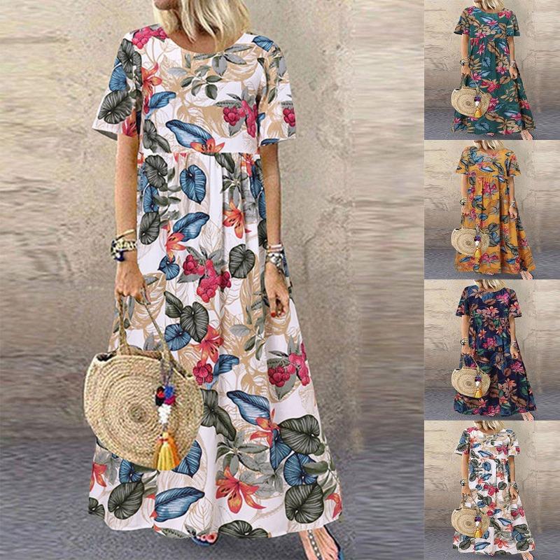 Long Skirt Round Neck Casual Women's Retro Floral Print Loose Short Sleeved Dresses
