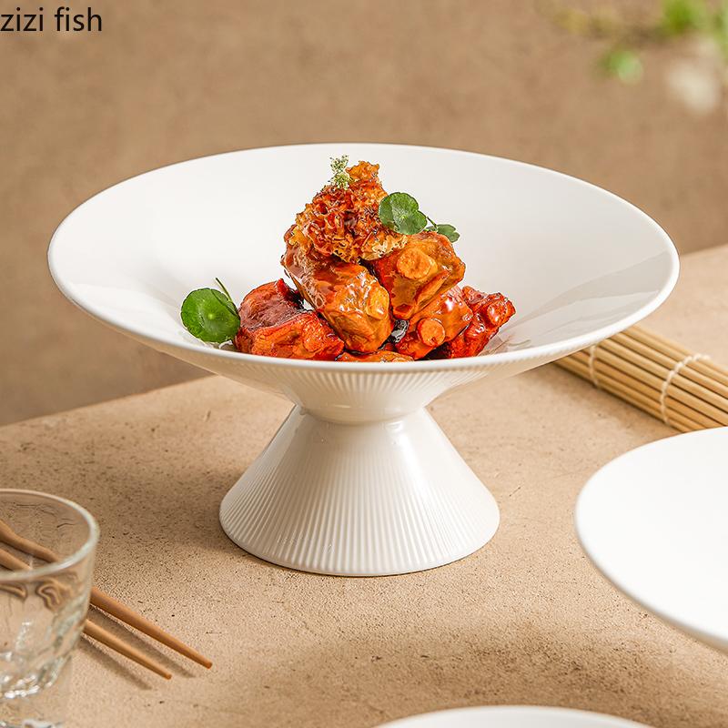 White Ceramic High Foot Plate Dining Plates Pasta Dish Cake Plate Dessert Bowls Fruit Bowl Salad Bowl Sashimi Plates Sushi Dish