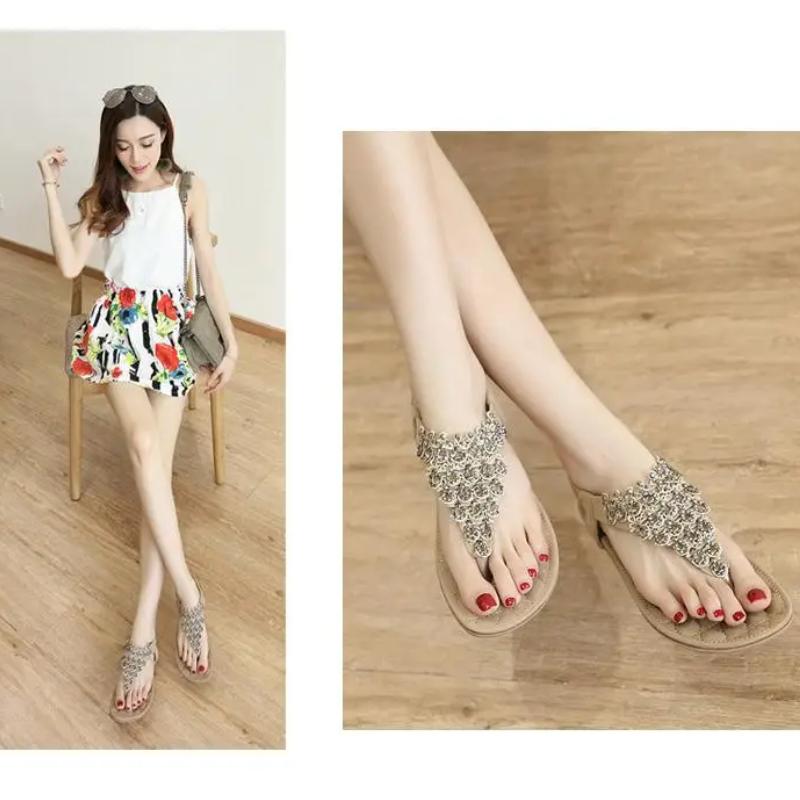 Johnature Grundlegende lässige Gummiband-feste ethnische Kristallrückseiten-Riemen-flache mit Flip-Flops-Frauen-Schuhen