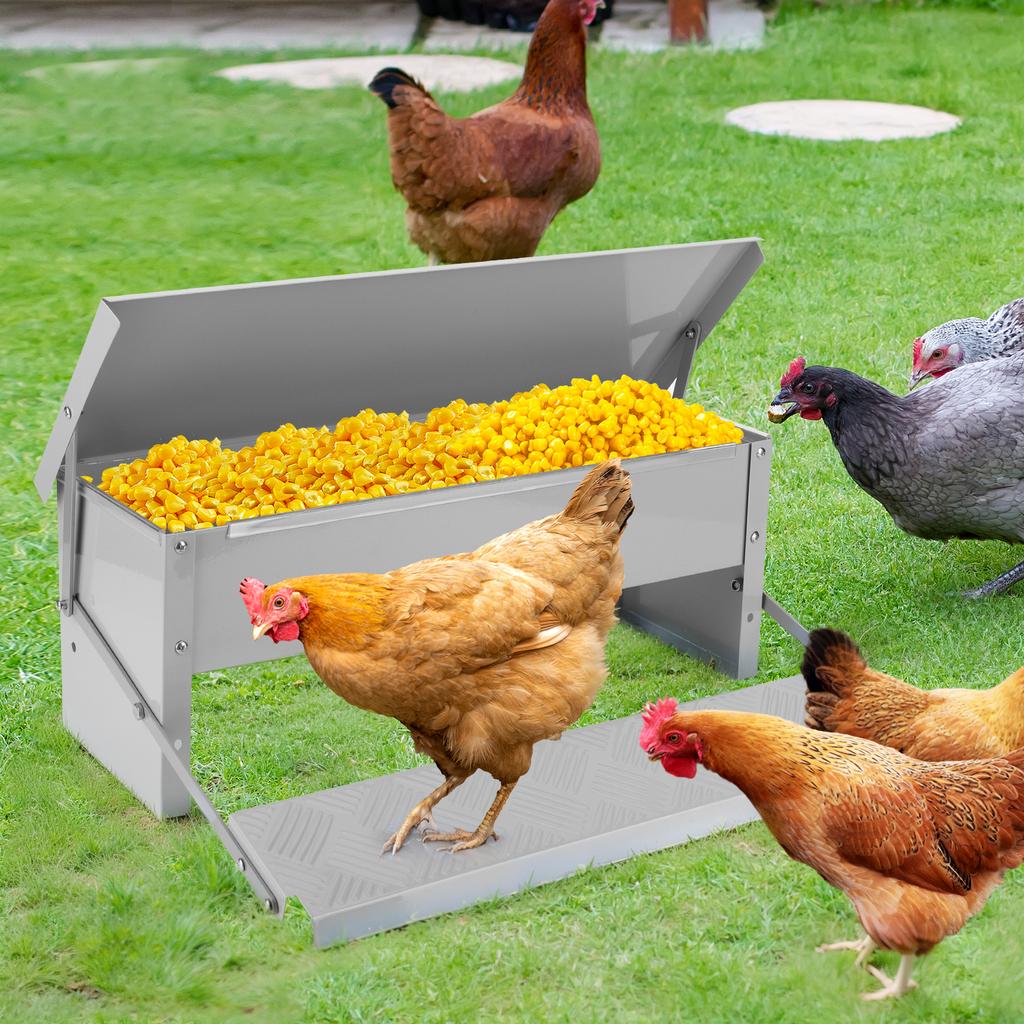 Automatic Chicken Feeder with Weatherproof Lid Rat Proof Chicken Feeder Metal Chicken Feeder for Chickens Geese Ducks Turkeys