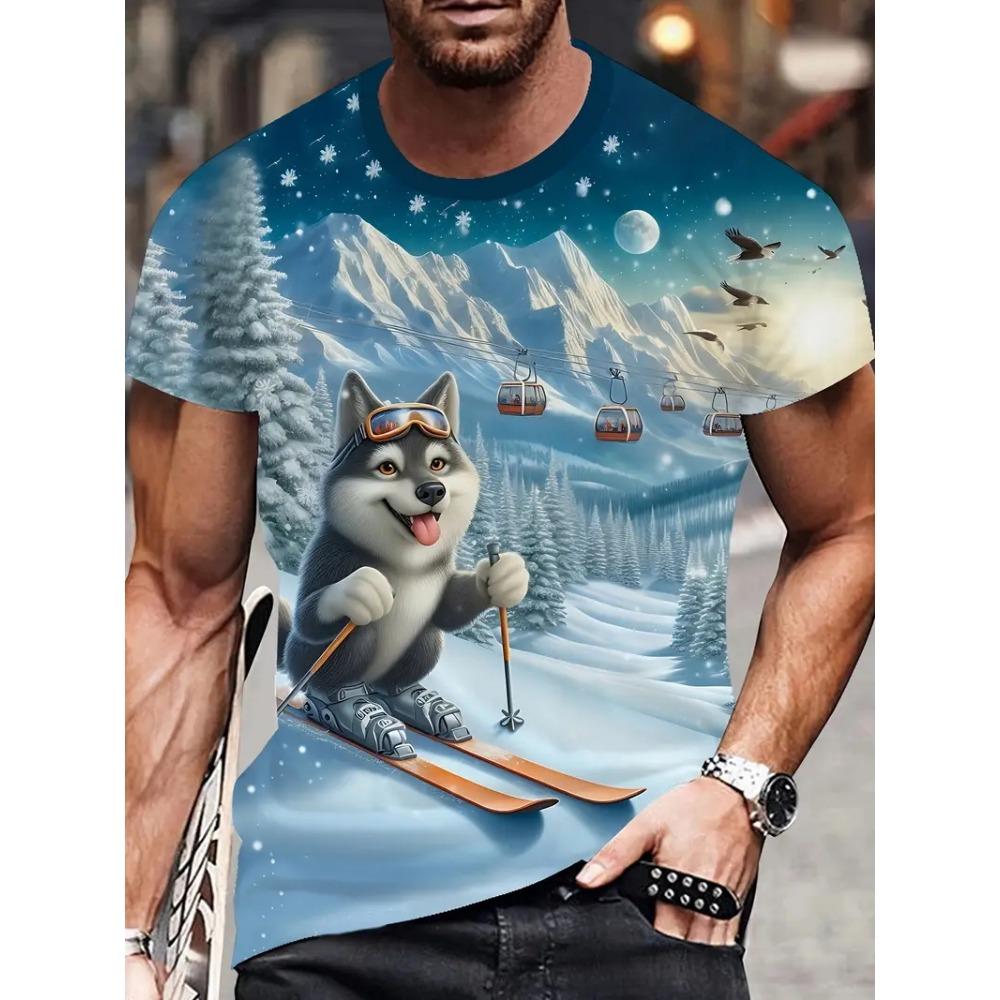 Men's Husky Print T-Shirt Casual Short Sleeve Breathable Round Neck Tshirts For Men Funny Animal Dog Graphic T Shirts Tops