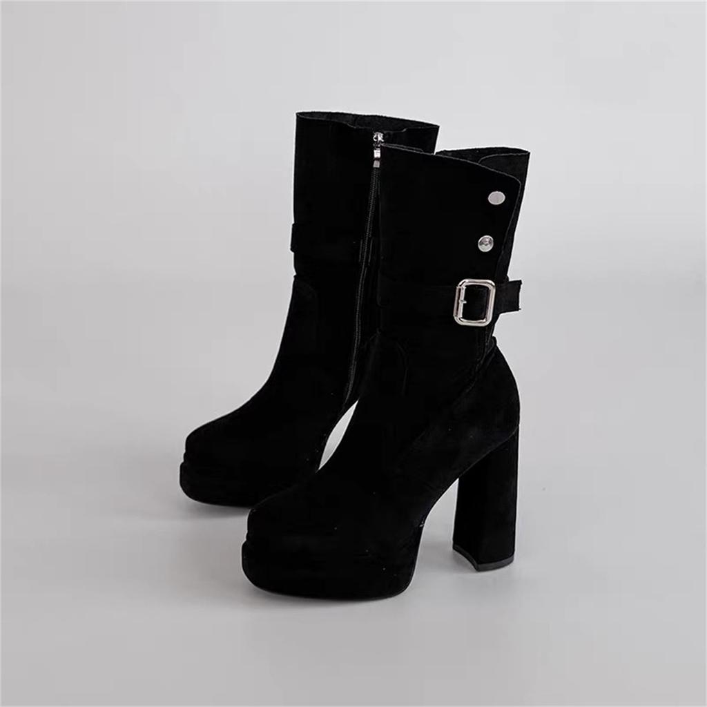 Small Super High Heel Short Boots Premium Suede Thick Heel Skinny Martin Boots