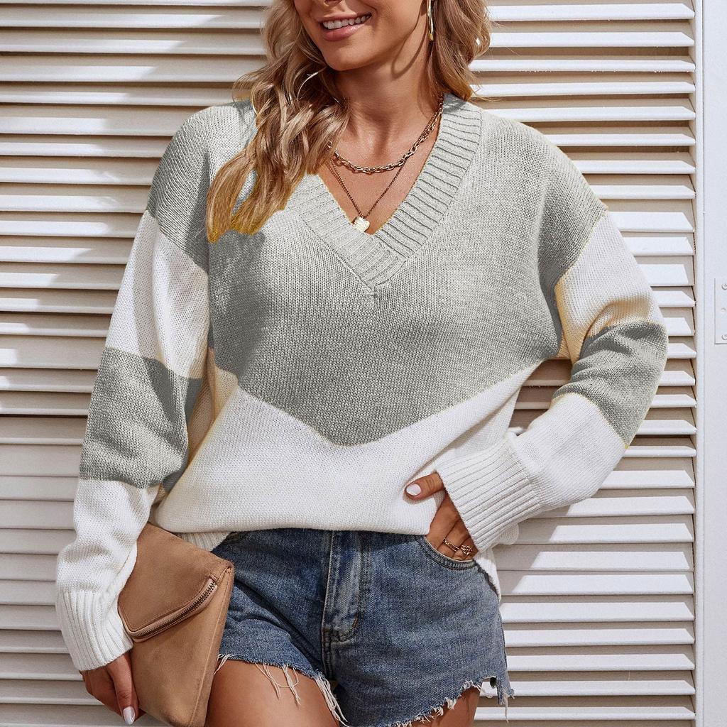 Women's Casual Fashion 2022 Long Sleeved Knitting Contrast Color Sweater Top