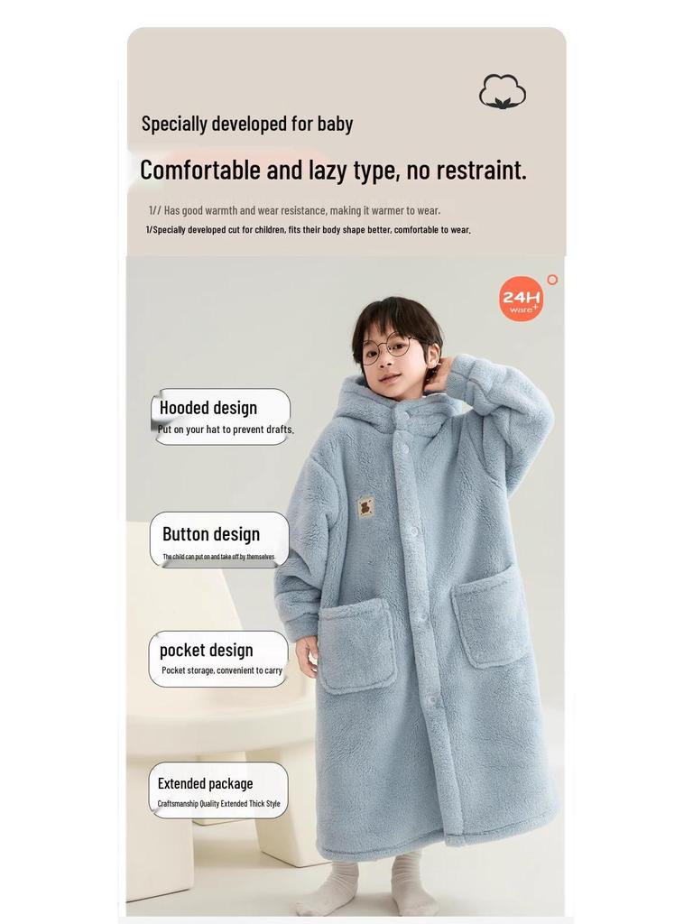 Kids' Winter Coral Fleece Bathrobe - Double-Layer Warm Pajamas for Boys or Girls