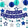 Blue Happy Birthday Decorations, Happy Birthday Banner with Honeycomb Balls, Stars Hanging Swirl Streamers, Dots Garland, Party Decorations for Men Bo
