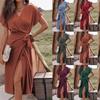Women's Summer Elegant Commuter Wrap Midi Dress, V Neck Short Sleeve Tie Waist High Slit Solid Color Casual Work Party Dress