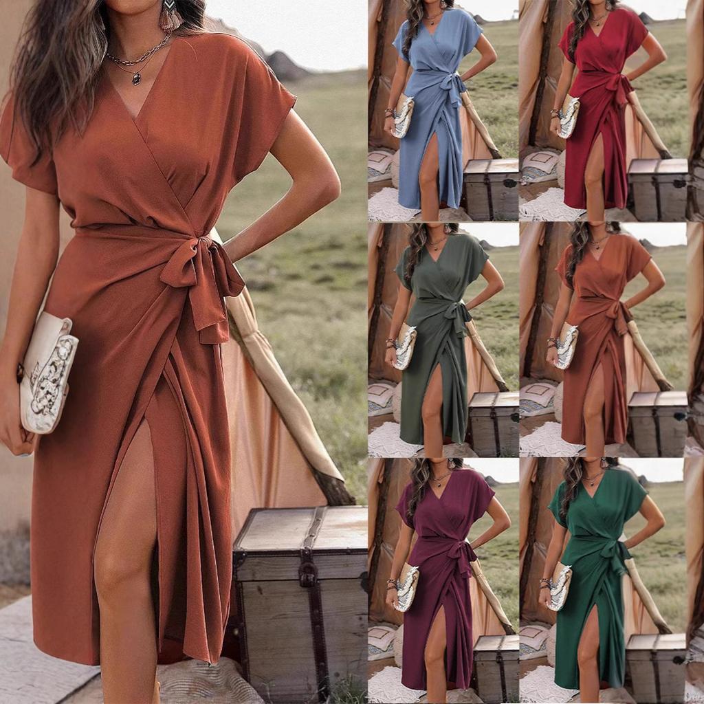 Women's V Neck Short Sleeve Wrap Midi Dress Solid Color Self Tie Waist Split Elegant Commuter Long Dress