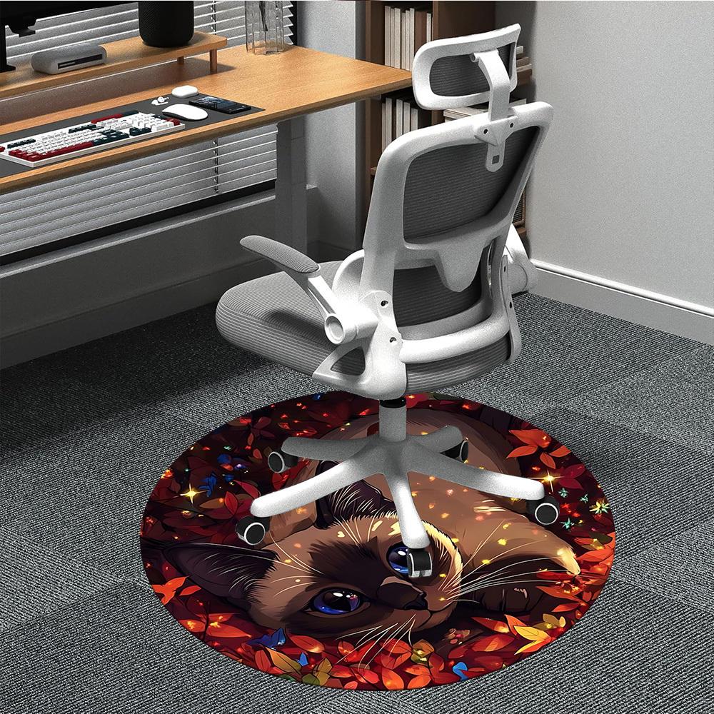 

1pc Leaves, Siamese Cat Chair Carpet for Office, Round Polyester Mat, Indoor Decor for Office, Easycare Fabric, Washable Non-slip Area Carpet 80cm