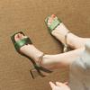 Summer National Style High-heeled Sandals Women's Rubber Soft Sole Comfortable Size Women's Shoes New Square Head Women's Wide Strip Sandals