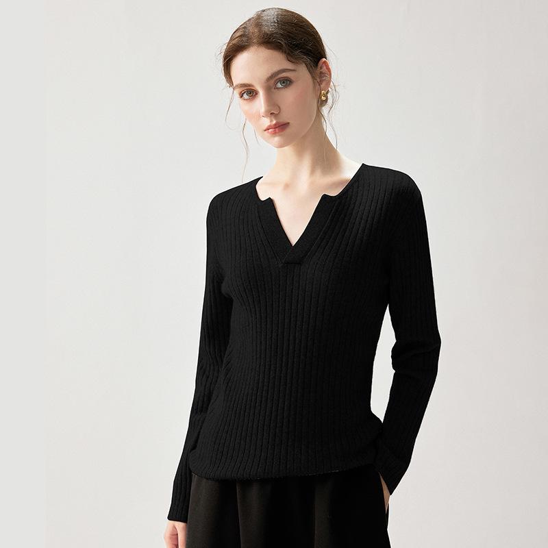 Ribbed Cashmere V-Neck Sweater - Women's Elegant Slimming Pullover for Autumn 2026