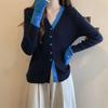 Color Block V Neck Long Sleeve Knit Top Women Spring New Single Breasted Design Slim Fit Versatile Blouse