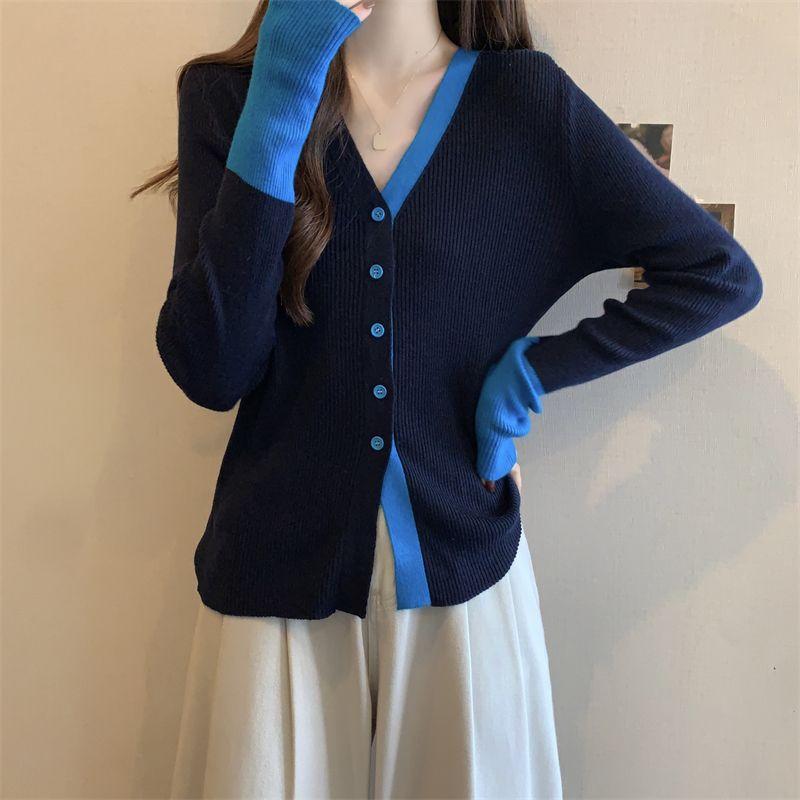 Color Block V Neck Long Sleeve Knit Top Women Spring New Single Breasted Design Slim Fit Versatile Blouse