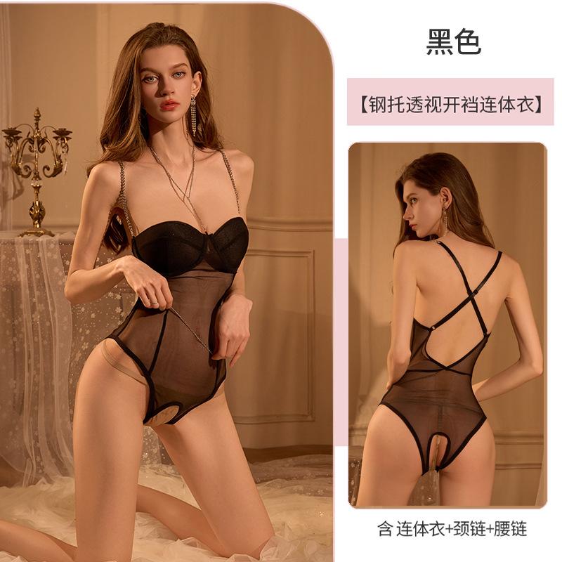 Large Size Erotic Underwear Sexy Temptation Chest Pad Gathering Pajamas Free Open Pants Female Temptation with Steel Rim Onesie