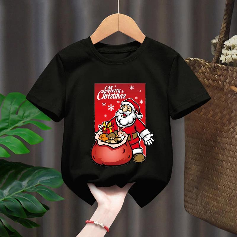 Neformální kreslené chlapecké a dívčí tričko top, vánoční Santa Claus sob s krátkým rukávem dětské oblečení, kulatý výstřih