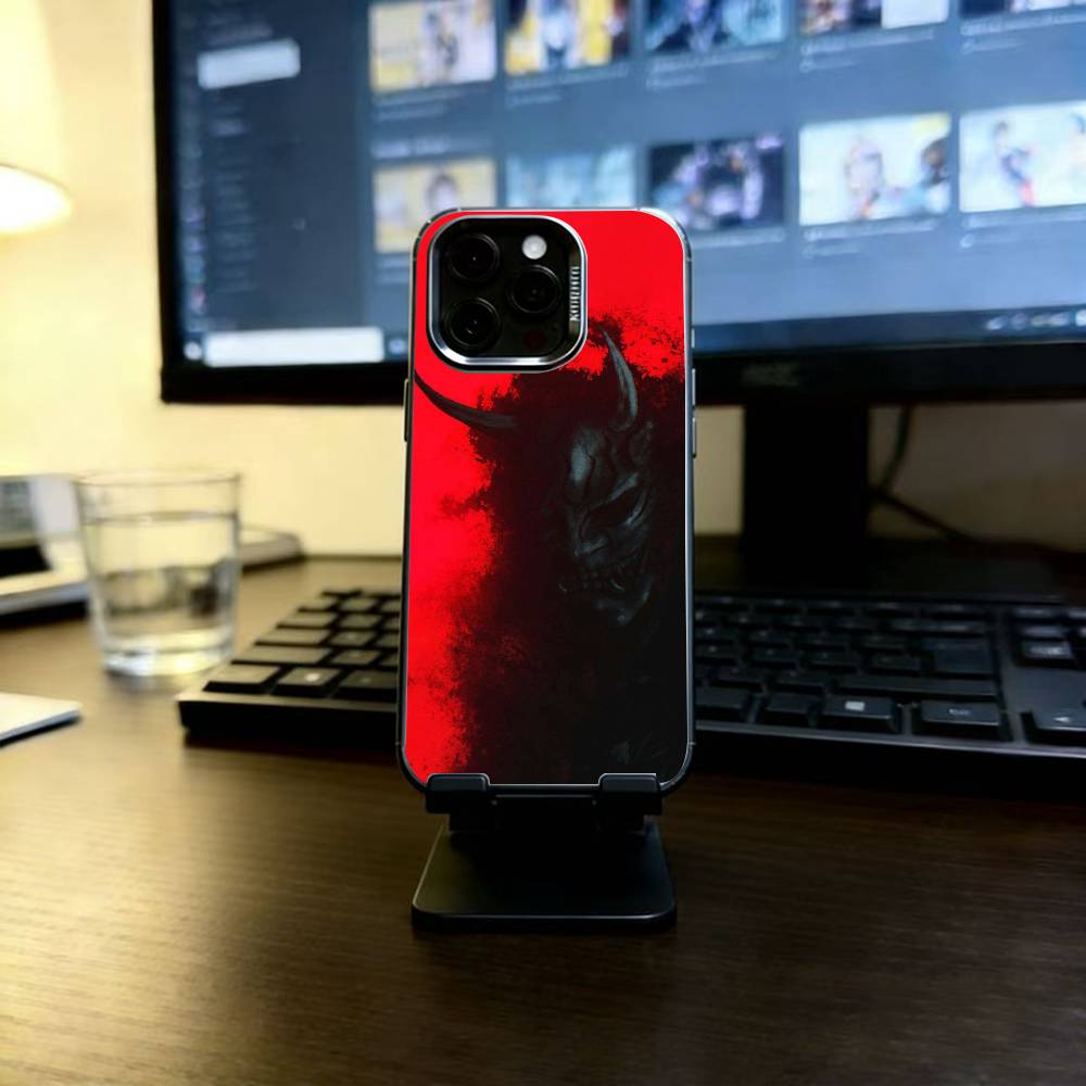 

Japan Ghost Face Samurai Phone Case For iPhone 17,16,15,14,13,12,11 Plus,Pro Max,XS,Colored Silver Plated Inside Cover iPhone15Pro