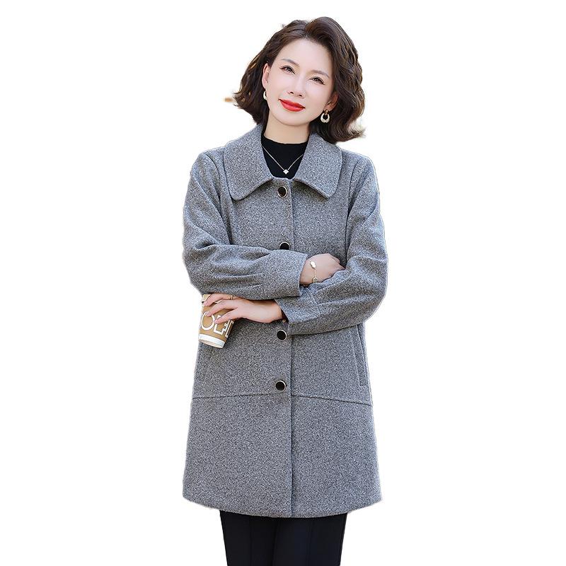 Spring Mid-Length Woolen Coat for Middle-Aged & Elderly Women - Casual Single-Breasted Cardigan with Small Lapel