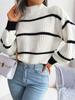 Women Striped Sweaters Half High Collar Splice Full Sleeve Top Pullovers Knit Lantern Sleeve Casual Office Lady Winter 2024