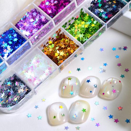 1 Set Star Glitter Nail Art Sequins 12 Grids Holographic Star Nail Charm Foils DIY Nail Design Crafts Manicure Decoration