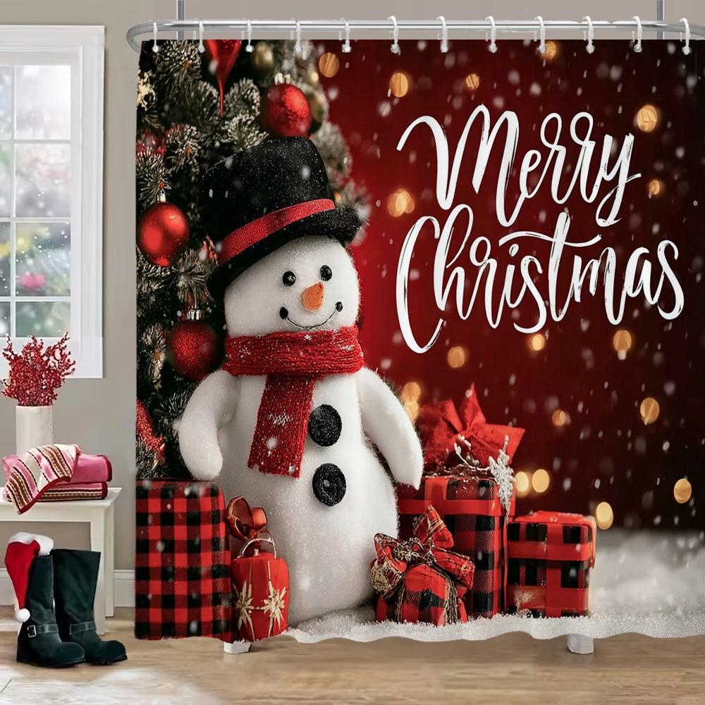 Christmas Santa Claus Snowman Printed Bathroom Shower Curtain with Hooks , Printed fabric for Home Holiday Decoration Curtain