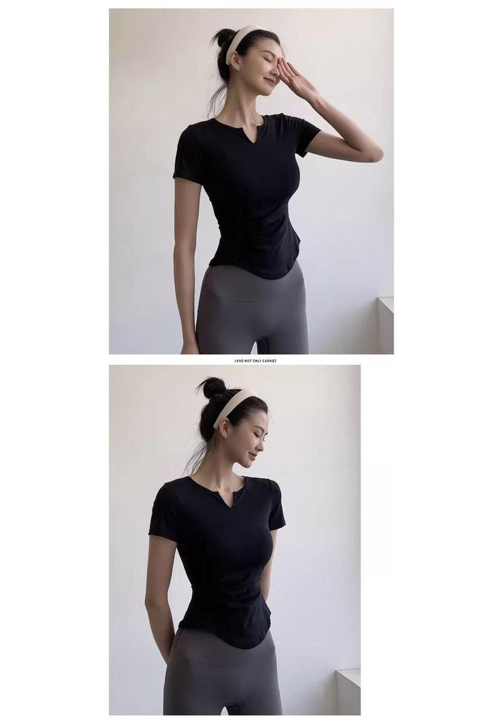 Women's V-Neck Slimming Yoga T-shirt with Ruched Waist - Stretchy & Skin-friendly