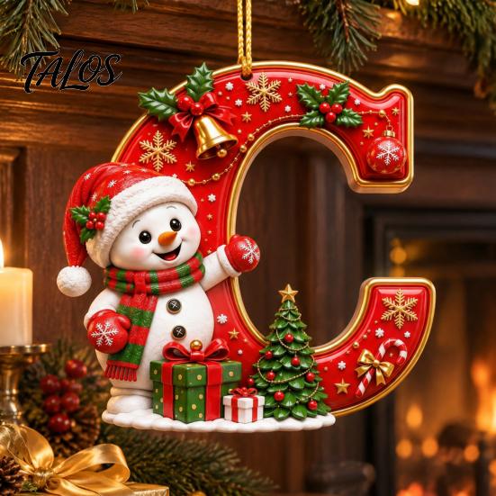 Indoor Holiday Decorations Cute Snowman Letter Christmas Ornament, 2D Flat Personalized A-Z Alphabet Gifts for Family Friends Acrylic Hanging Pendant