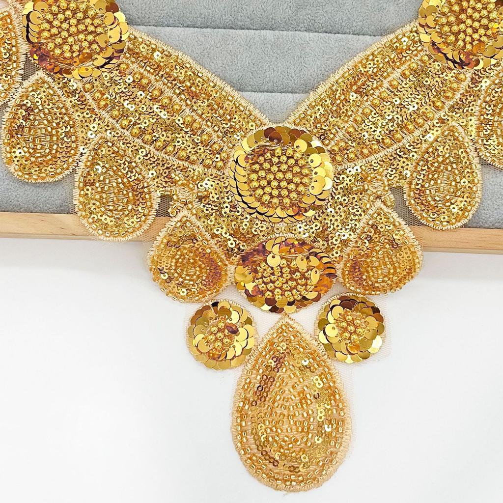 Heavy Industry Gold Handmade Bead Sequins Embroidery Decal Water Drop Collar Clothing Dress Dance Clothing Cloth Sticker Accessories