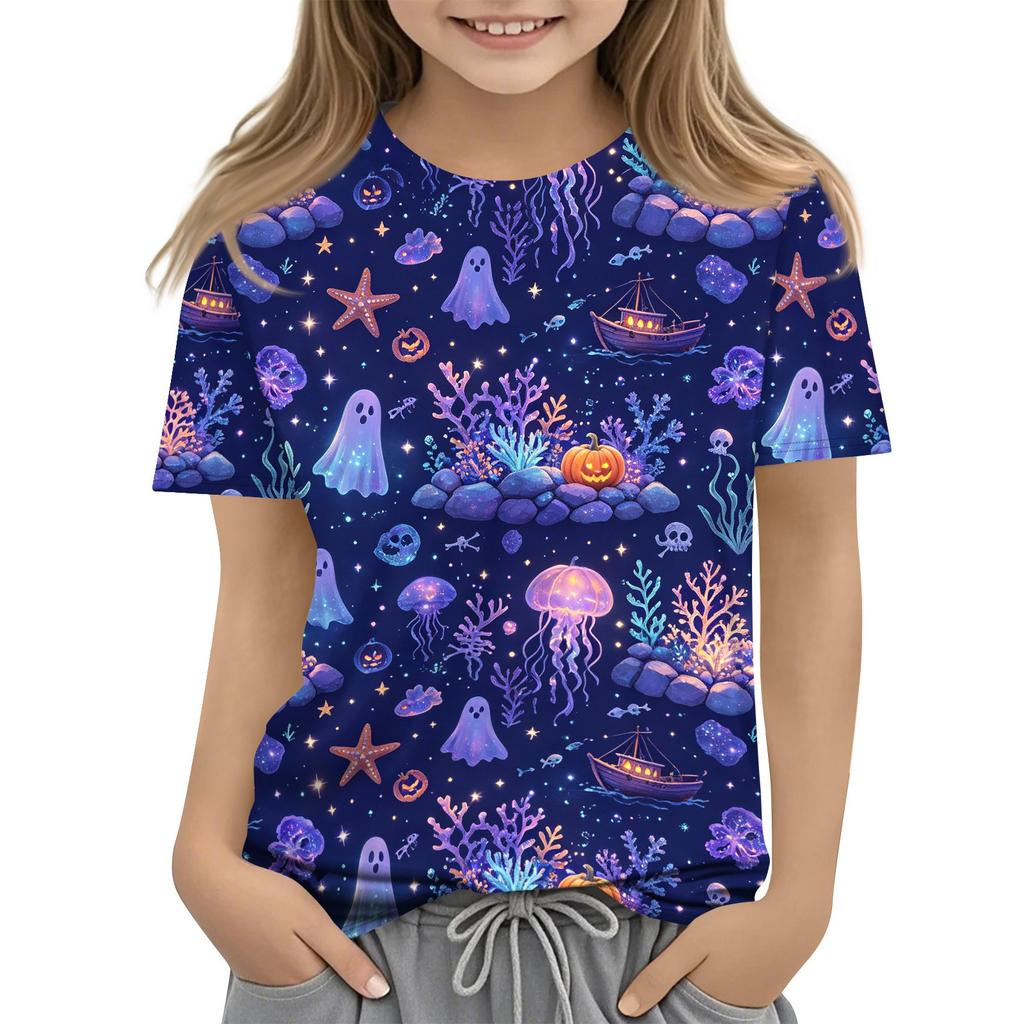 Kids Halloween Printed Short Sleeve T Shirt Casual Round Neck Top Boys Girls Comfortable Fit All Over Pattern Tee