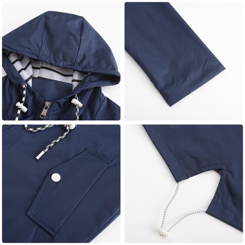 Langärmliger wasserabweisender mittellanger Trenchcoat Damen mit Kapuze gestreift Plus Size Regenmantel Damenbekleidung