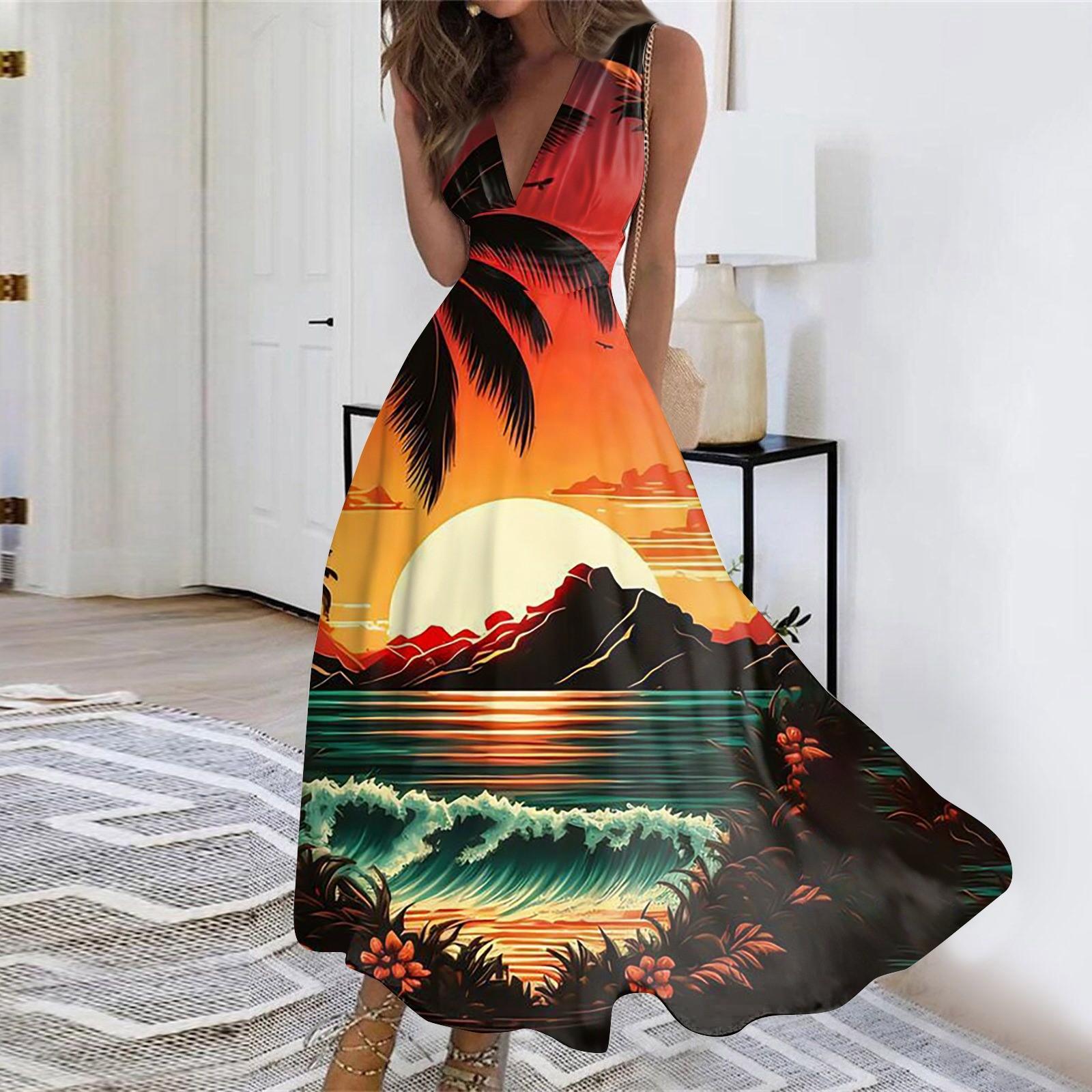 

Жіночі літні модні повсякденні сукні-туніки з гавайським принтом і V-подібним вирізом без рукавів XL