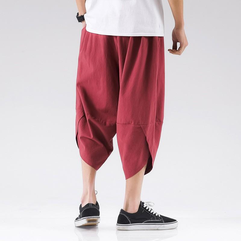 

Мужские летние однотонные свободные удобные спортивные брюки со средней талией, большие размеры, льняные брюки-фонарики с завязками на талии, брюки Seven-minute S