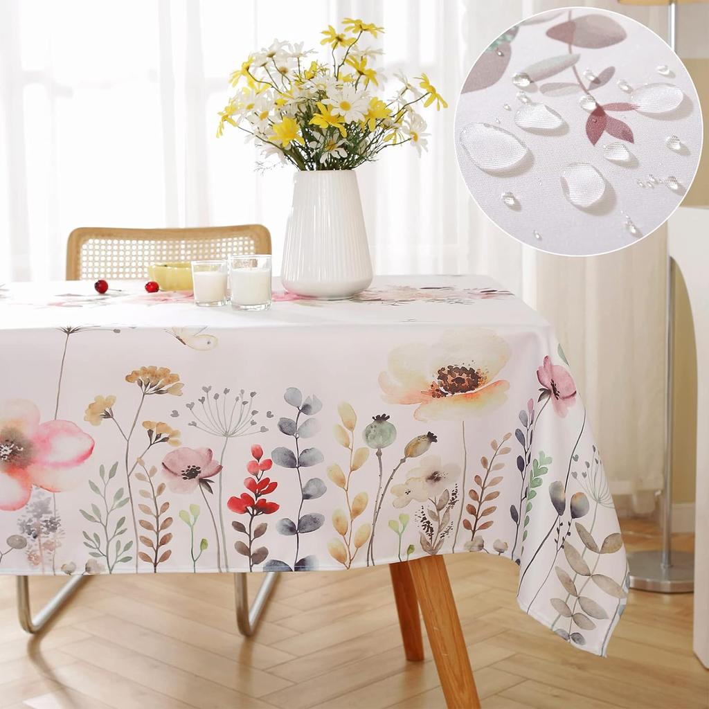 Spring Watercolor Wild Flowers Rectangle Tablecloth For Kitchen Table Decor Waterproof Polyester Table Cloth Wedding Party Decor