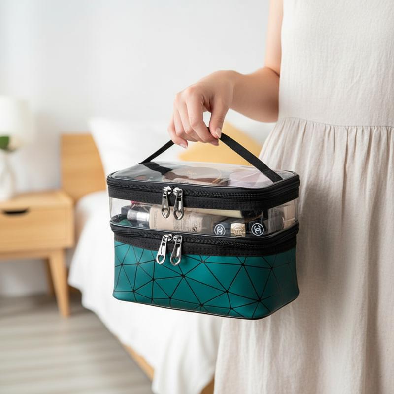 Double-layer Portable Large Capacity Makeup Bag Handheld Travel Waterproof Toiletry Bag Portable Cosmetics Storage Pouch