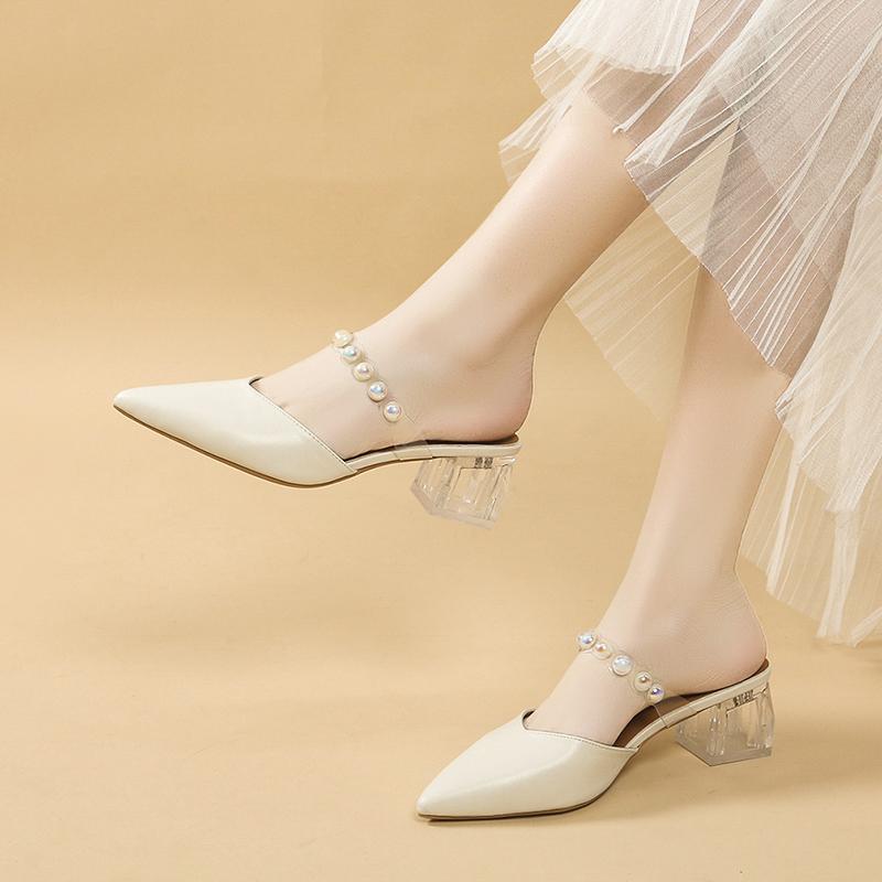 Fashion 2025 New Crystals Mules Outside Shoes White Transparent Women's Slippers and Ladies Sandals Heeled Pointed Toe Job Slides