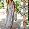 Women's V Neck Sleeveless Loose Fit Solid Color Linen Blend A Line Maxi Dress Vintage Casual Beach Vacation Long Sundress