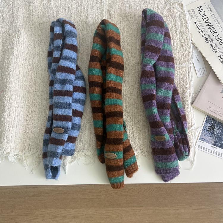 Early Autumn And Winter, Dongdaemun, South Korea, Striped Thin And Narrow Long Small Scarf, Women'S Fashionable Millennial Style Sausage Knitted Scarf