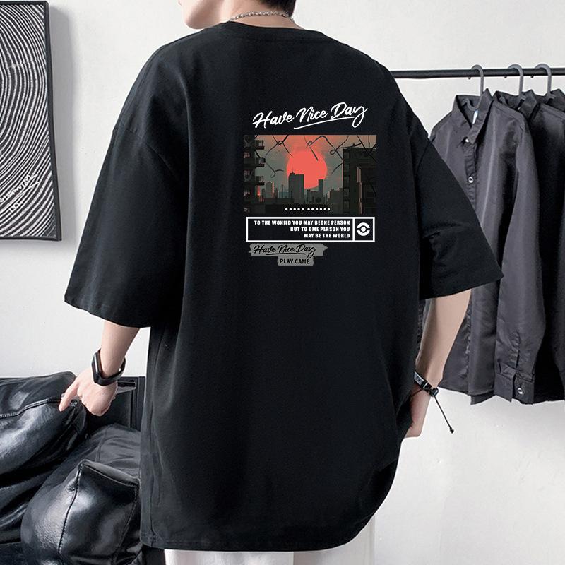 

Mens Loose Fit INS T-Shirt Half Sleeve Heavyweight Combed Cotton Tee 4XL бежевий