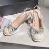 One Strap Block Heel Sandals Summer New Round Toe Shallow Slip Rhinestone Bow Non-Slip Pumps